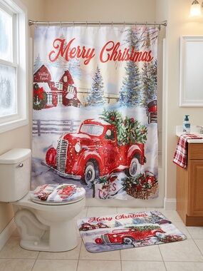 Merry Christmas Red Vintage Truck Shower Curtain